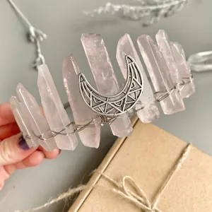 Tiare Couronne en Cristal Naturel Brut Fait à la Main Bohémien Bandeau Décoratif Lune Évidée pour Mariage Mariée Fête Bijoux Femme