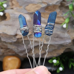 Lot de trois épingles à cheveux en forme de U avec pierres de cristal bleues et fil d'argent