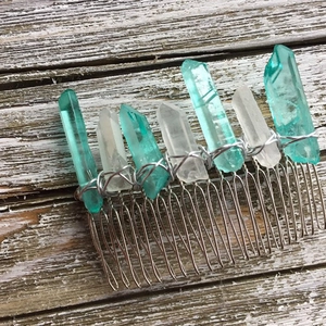 Handmade wicca moon hair comb with raw quartz crystals and silver wire wrap detail