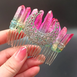 Detail of bohemian hair comb with rainbow crystal quartz and hollow moon design