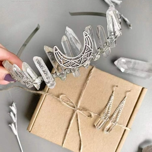 Serre-tête en cristal de quartz bohème avec lune argentée et boucles d'oreilles