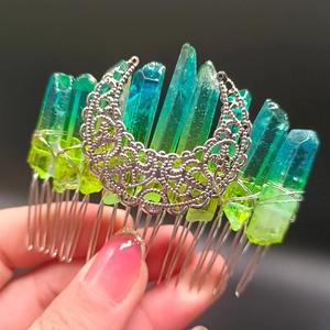 Green crystal hair comb with silver hollow moon, witchy bohemian style for women