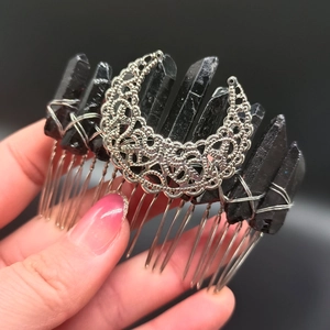 Gothic hair comb with black crystal points and silver hollow moon decorative piece
