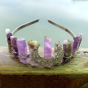 Detailed view of handmade purple crystal quartz crown with intricate silver wire wrapping