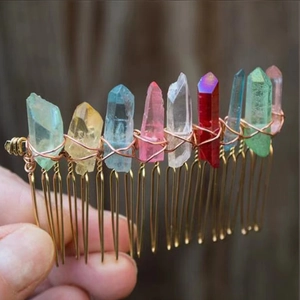 Bohemian Natural Clear Quartz Point Hair Comb Handmade Wire Wrapped Wicca Bridal Wedding Party Hair Accessories For Women
