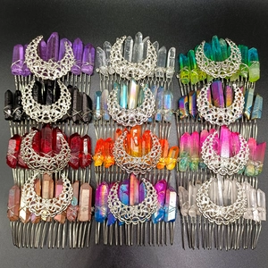 Bohemian crystal hair comb set with hollow crescent moon pendants in multiple colors