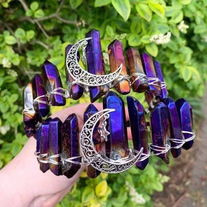 Bandeau Couronne en Cristal de Quartz Aura Naturel Avec Charme de Lune Étoile Bohême Mystique Fait à la Main Accessoire de Cheveux pour Femmes Mariage Fête Cosplay
