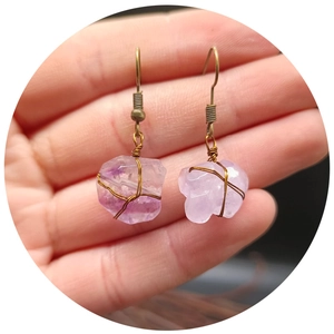 Handmade bohemian amethyst drop earrings with wire-wrapped purple raw stones for women