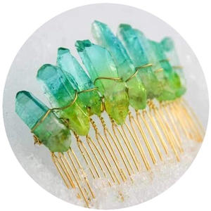 Handmade wicca moon hair comb with blue crystal clusters and gold wire wrap