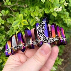Couronne en quartz aura violet fait main avec breloques lune et étoile en argent