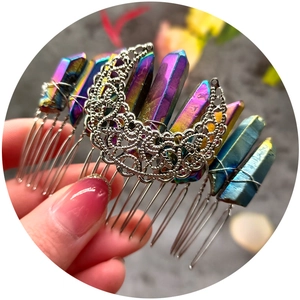 Witchy crystal hair comb with silver hollow moon and iridescent raw stones