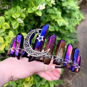 Serre-tête couronne en cristal de quartz violet avec breloques lune et étoile argent