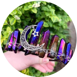 Couronne de cristaux de quartz aura violets avec lune et étoile pour femmes