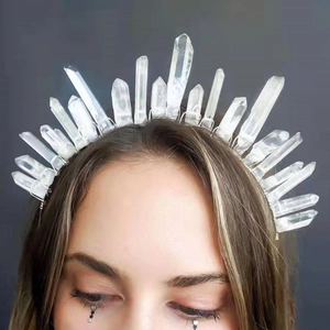 Serre-tête Couronne en Cristal Blanc Naturel Bohême pour Femmes Mariage Mariée Fête Diadème en Quartz Poli Tissé à la Main Bijoux