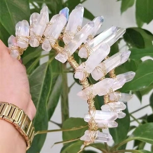 Serre-tête Couronne en Cristal Naturel Électroplaqué Cristal Blanc Irisé Fil Enroulé Métal Doré Pour Femmes Mariage Accessoires Cheveux Bohème