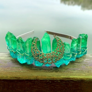 Handmade crystal moon tiara with green gradient prisms and gold metal wire on silver headband