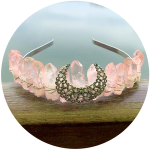 Pink crystal crown with bronze moon charm on silver headband for boho weddings