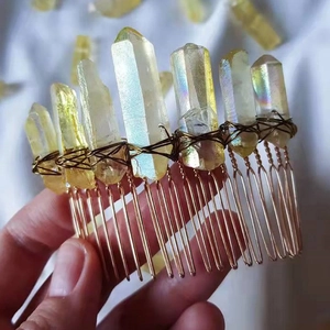 Handmade yellow crystal hair comb with natural raw stones and golden wire bridal headpiece