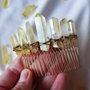 Handmade Natural Crystal Hair Comb Bohemian Bridal Gold Metal Wire Wrapped Yellow Crystal Hair Accessory For Wedding Party