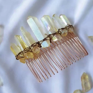 Handmade golden crystal bridal hair comb with yellow quartz stones on bronze wire base