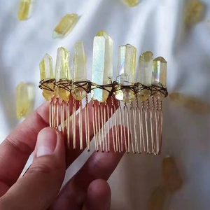 Handmade golden hair comb featuring raw natural yellow crystal stones and bronze wire