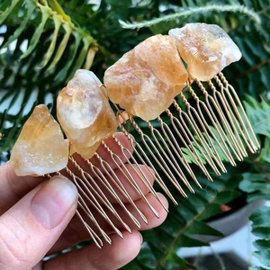 Pettine per capelli dorato a 20 denti fatto a mano con cristalli arancioni naturali