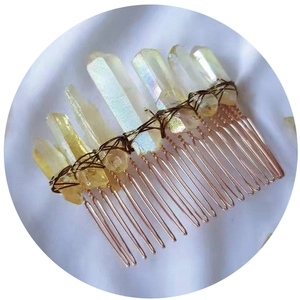 Handmade bridal hair comb with natural yellow crystal pillars and golden wire wrapping