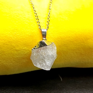 Natural white crystal quartz pendant necklace with irregular raw stone and silver chain