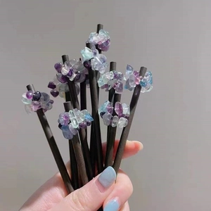 Handmade wooden hair pin set with colorful natural amethyst and crystal stones