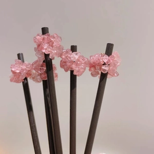 Natural strawberry quartz crystal hair sticks with crushed stone wrap design for hair