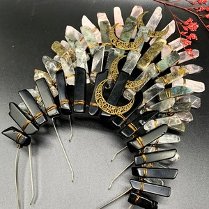 Handmade crystal crown headband with raw stones and golden moon accents for parties