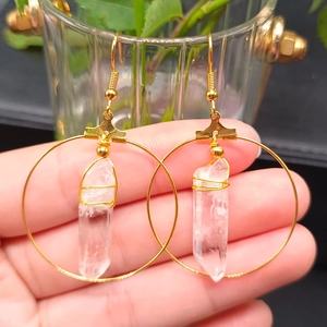 Bohemian natural white crystal column drop earrings with gold hoop and wire-wrapped design