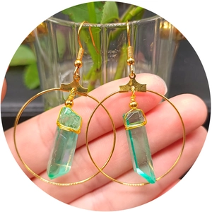 Bohemian Gold Alloy Natural Crystal Hoop Earrings Round Circle Wire Wrapped Quartz Stone Drop Earrings For Women Jewelry