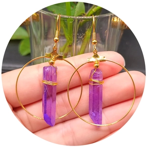 Bohemian gold hook earrings with long purple natural crystal pendants for women