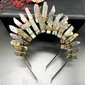 Handmade Bohemian Natural Crystal Slice Crown Headband Vintage Raw Stone Moon Tiara For Party Wedding Gift Women Hair Accessories