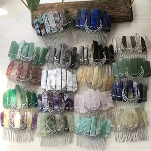 Natural crystal crescent moon hair comb with raw quartz stones in bohemian style