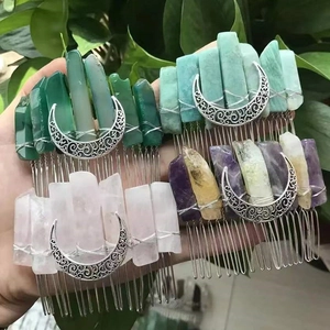 Handmade bohemian raw crystal hair combs with moon ornament and colorful stones