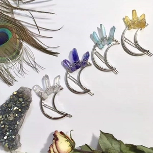 Handmade moon hair clips with colorful raw crystal clusters and silver metal wire wrapping