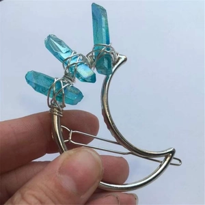 Handmade moon hair clip with blue crystal stones and silver wire wrap detail