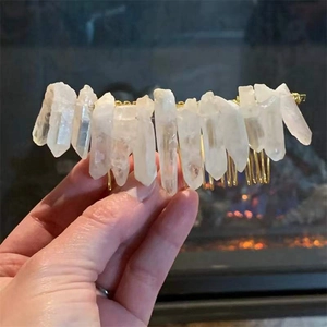 Handmade quartz crystal hair comb featuring raw natural stones and golden metal base