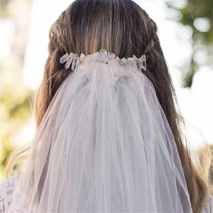 Boho bridal wedding veil with natural raw crystal quartz crown comb in white mesh