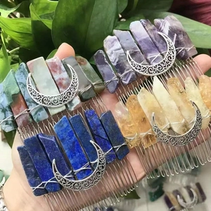 Bohemian Natural Raw Crystal Hair Comb Handmade Moon Metal Wire Wrap Hair Accessory Vintage Bridal Wedding Headpiece For Women