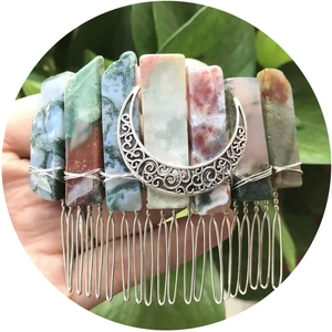 Handmade bohemian hair comb with colorful raw natural crystals and silver moon detail