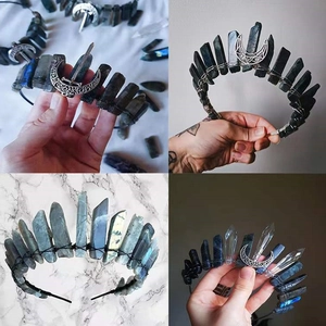 Handmade Natural Grey Labradorite Moon Crown Headband Bohemian Crystal Bridal Tiara Gothic Hair Accessories For Wedding Women