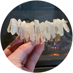 Handmade clear raw crystal quartz hair comb with golden metal base for weddings