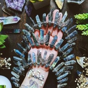 Handmade bohemian labradorite moon crown headpiece with raw stones and wire wrapping