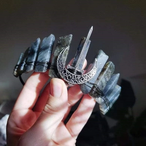 Handmade gothic crown with grey labradorite crystals and silver moon sword metal charms