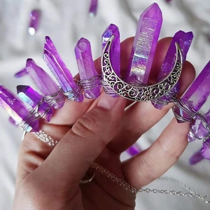 Handmade purple crystal moon crown with bohemian quartz crystals on silver headband