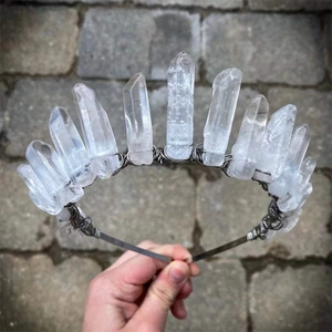 Handmade forest-style bridal crown with natural white crystal points on gold headband