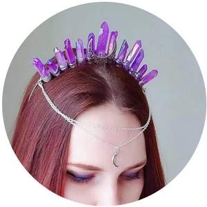Bohemian purple crystal crown headband with silver moon pendant for party and events